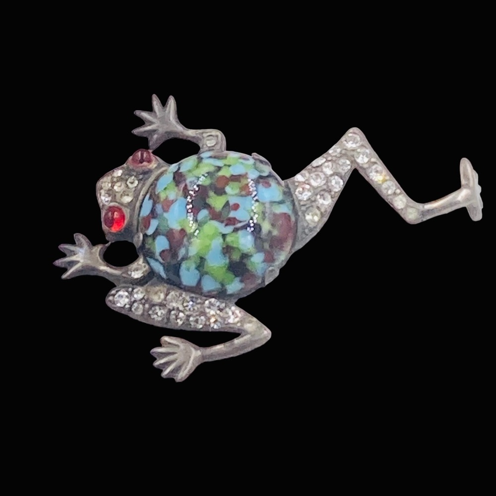 Mazer Sterling Art Glass Belly and Rhinestone Leaping Frog Brooch